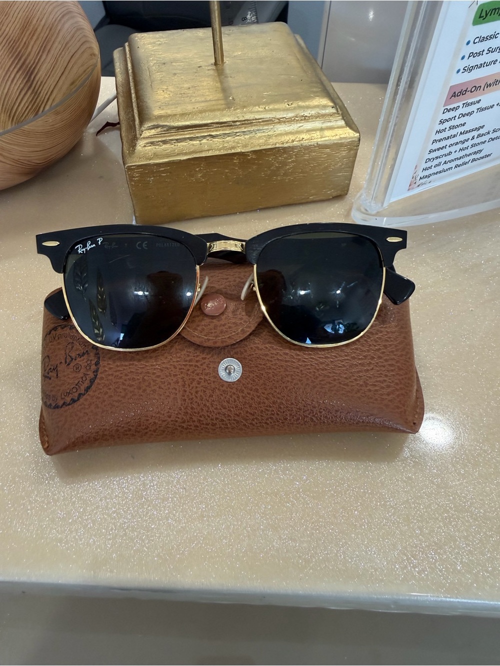 Ray-Ban Black and Gold Clubmaster Sunglasses with Brown Case